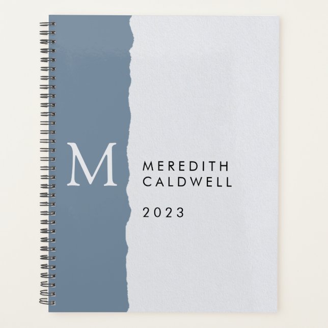 Dusty Blue White Deckled Edge Colour Block Monogra Planner (Front)