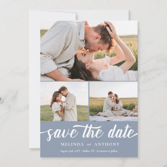 Dusty Blue White Elegant Bold Script Photo Collage Save The Date (Front)
