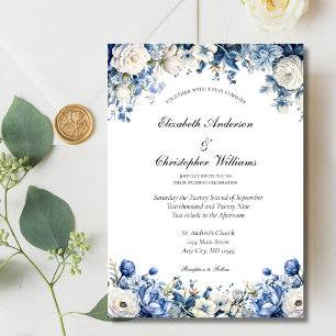 Dusty Blue White Elegant Floral Watercolor Wedding Invitation