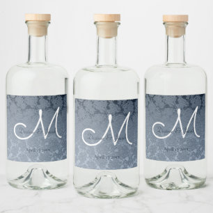 Dusty Blue White Elegant Wedding Monogram Floral Liquor Bottle Label