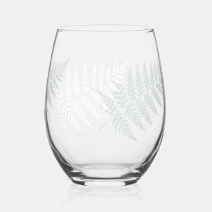 Dusty Blue White Fern Botanical Silhouette Stemless Wine Glass