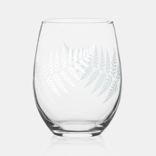 Dusty Blue White Fern Crossed Botanical Stemless Wine Glass