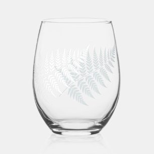Dusty Blue White Fern Elegant Botanical Stemless Wine Glass