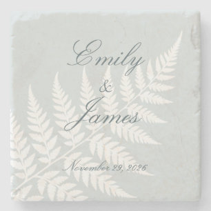 Dusty Blue White Fern Elegant Couple Names Stone Coaster