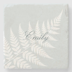 Dusty Blue White Fern Elegant Script Name Stone Coaster