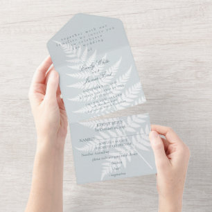 Dusty Blue White Fern Elegant Wedding All In One Invitation