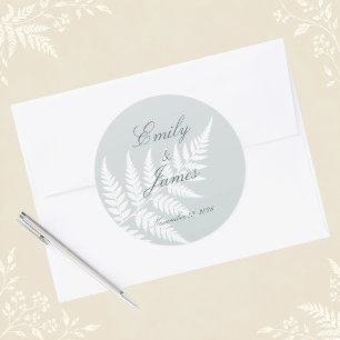 Dusty Blue White Fern Elegant Wedding Classic Round Sticker