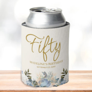 Dusty Blue White Floral 50th Birthday Name Can Cooler