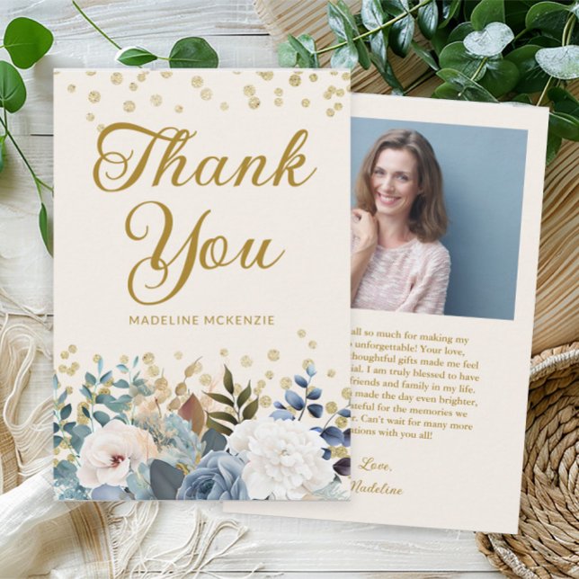 Dusty Blue White Floral Birthday Photo Thank You (Elegant dusty blue and white watercolor floral women's birthday party photo Thank You card. )