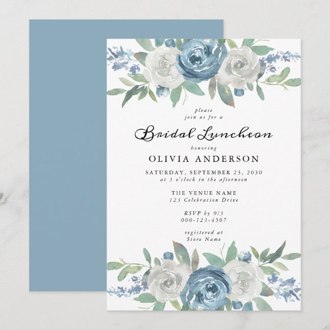 Dusty Blue & White Floral Bridal Luncheon Invitation (Front/Back)
