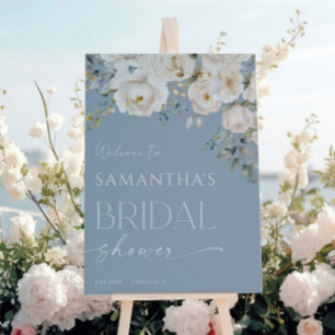 Dusty blue white floral bridal shower welcome poster