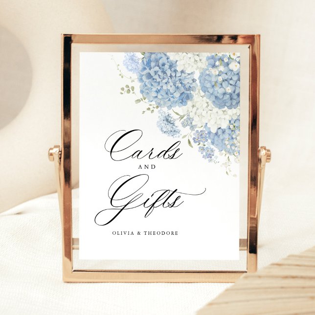 Dusty Blue White Floral Cards and Gifts Wedding Pedestal Sign (Dusty blue white hydrangea cards and gifts wedding sign, gift table display, Gold frame indoors)