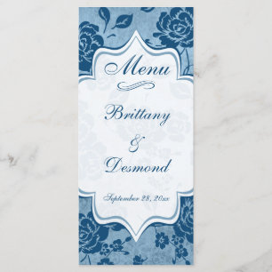 Dusty Blue, White Floral Damask Wedding Menu Card