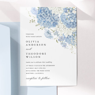 Dusty Blue White Floral Elegant Wedding Invitation