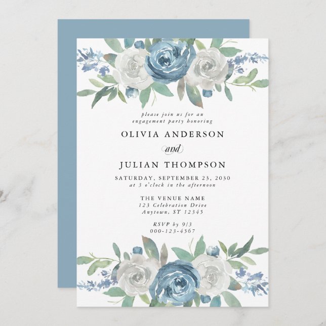 Dusty Blue & White Floral Engagement Party Invitation (Front/Back)