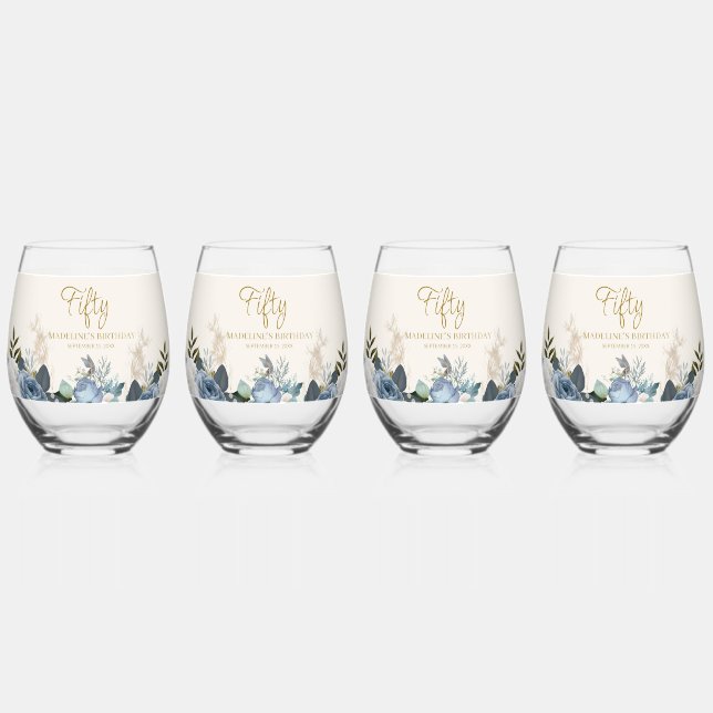 Dusty Blue White Floral Fifty Birthday Set of 4 Stemless Wine Glass (Front)