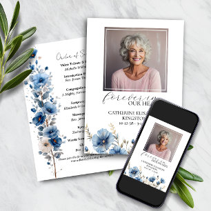 Dusty Blue White Floral Funeral Memorial Program Invitation