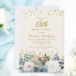 Dusty Blue White Floral Gold 18th Birthday Invitation<br><div class="desc">Elegant dusty blue and white roses,  floral,  and greenery women's 18th birthday party invitation with gold glitter. This invitation is printed on both sides. Contact me for assistance with your customisations or to request additional matching or coordinating Zazzle products for your party.</div>