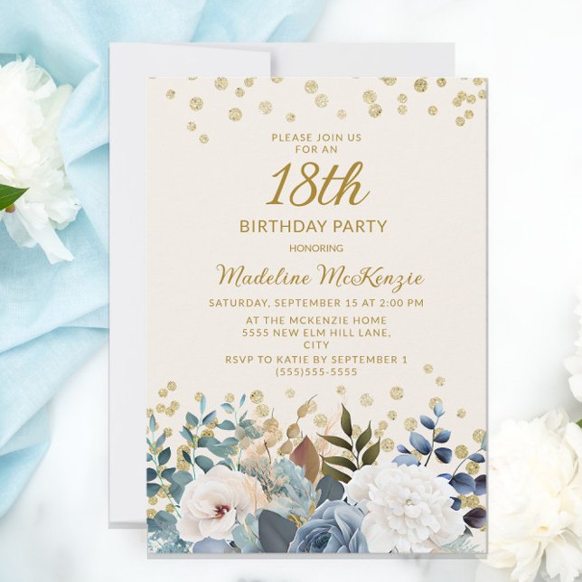 Dusty Blue White Floral Gold 18th Birthday Invitation (Creator Uploaded)