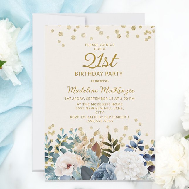 Dusty Blue White Floral Gold 21st Birthday Invitation (Creator Uploaded)