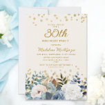 Dusty Blue White Floral Gold 30th Birthday Invitation<br><div class="desc">Elegant dusty blue and white roses,  floral,  and greenery women's 30th birthday party invitation with gold glitter. This invitation is printed on both sides. Contact me for assistance with your customisations or to request additional matching or coordinating Zazzle products for your party.</div>