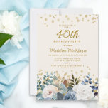 Dusty Blue White Floral Gold 40th Birthday Invitation<br><div class="desc">Elegant dusty blue and white roses,  floral,  and greenery women's 40th birthday party invitation with gold glitter. This invitation is printed on both sides. Contact me for assistance with your customisations or to request additional matching or coordinating Zazzle products for your party.</div>