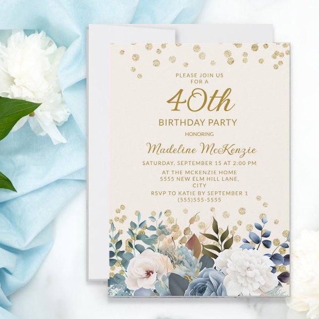 Dusty Blue White Floral Gold 40th Birthday Invitation (Creator Uploaded)