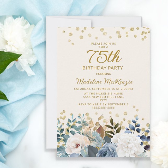 Dusty Blue White Floral Gold 75th Birthday Invitation (Creator Uploaded)