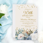 Dusty Blue White Floral Gold 90th Birthday Invitation<br><div class="desc">Elegant dusty blue and white roses,  floral,  and greenery women's 90th birthday party invitation with gold glitter. This invitation is printed on both sides. Contact me for assistance with your customisations or to request additional matching or coordinating Zazzle products for your party.</div>