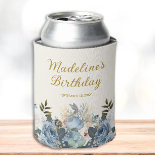 Dusty Blue White Floral Gold Birthday Name Can Cooler