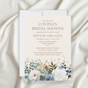 Dusty Blue White Floral Gold Couples Bridal Showe Invitation