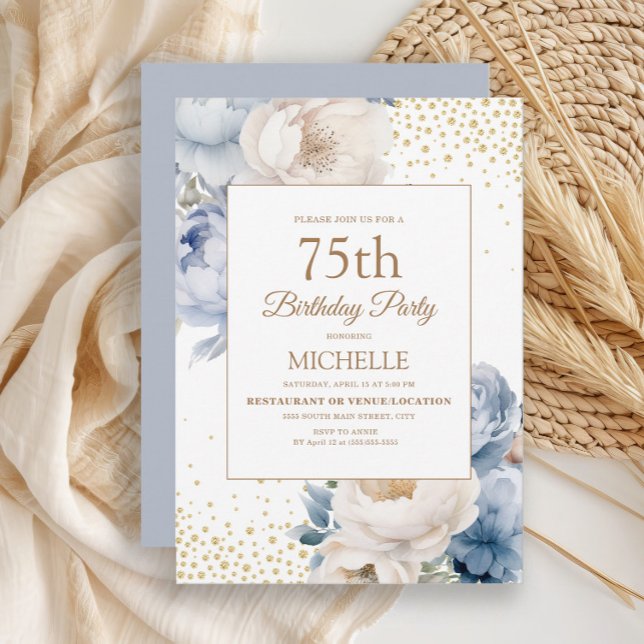Dusty Blue White Floral Gold Glitter 75th Birthday Invitation (Dusty blue and white watercolor floral 75th birthday party invitation)