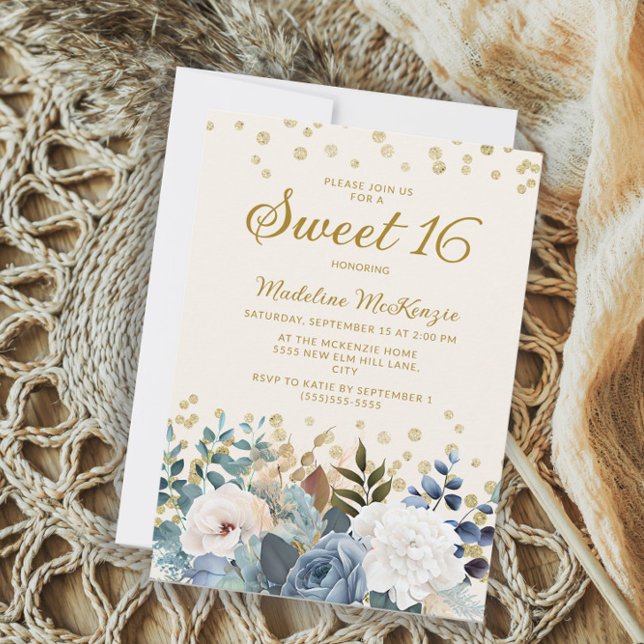 Dusty Blue White Floral Gold Glitter Sweet 16 Invitation (Creator Uploaded)