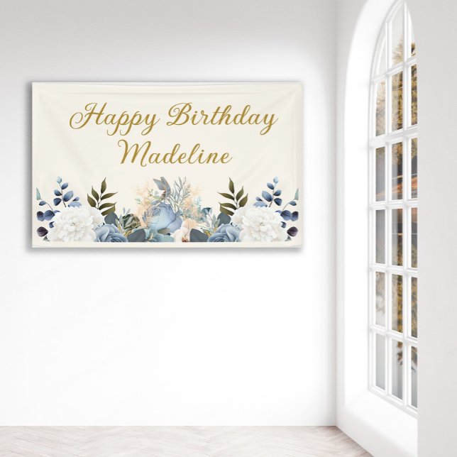 Dusty Blue White Floral Gold Happy Birthday Name Banner (Dusty blue and white watercolor floral custom birthday banner.)