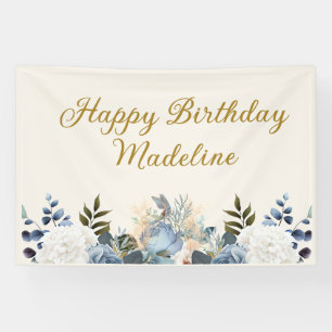 Dusty Blue White Floral Gold Happy Birthday Name Banner