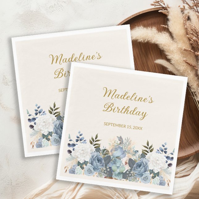 Dusty Blue White Floral Gold Happy Birthday Name  Napkin (Dusty blue watercolor floral birthday party napkins customized with your name and date of party)