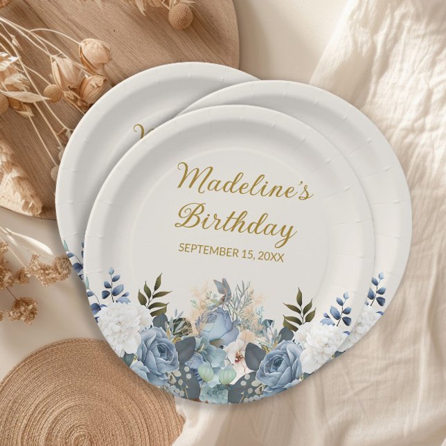 Dusty Blue White Floral Gold Happy Birthday Name  Paper Plate (Dusty blue watercolor floral women's birthday party paper plates)