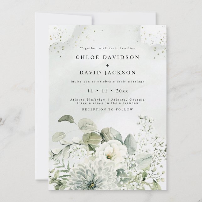 Dusty Blue & White Floral Greenery Rustic Wedding  Invitation (Front)
