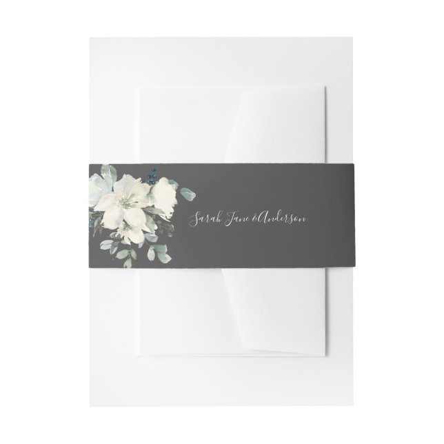Dusty Blue & White Floral- Grey Invitation Belly Band (Front Example)