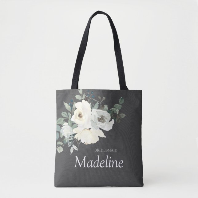 Dusty Blue & White Floral- Grey Tote Bag (Front)