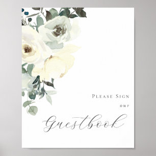 Dusty Blue & White Floral Guestbook Sign Poster