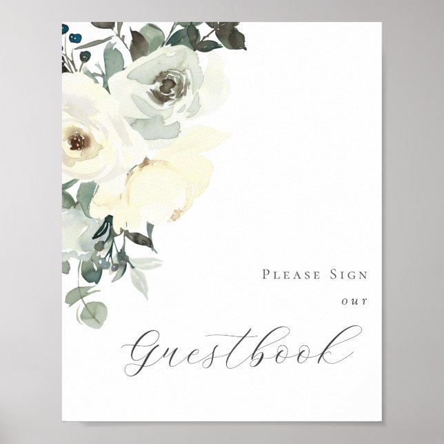 Dusty Blue & White Floral Guestbook Sign Poster (Front)
