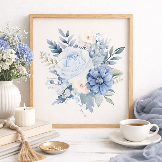 Dusty Blue White Floral Home Decor (Serene dusty blue and white floral art print)