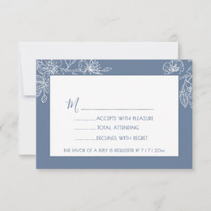 Dusty Blue White Floral Line Art RSVP Card