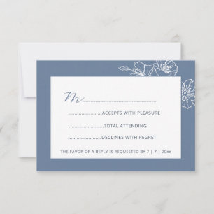 Dusty Blue White Floral Line Art RSVP Card