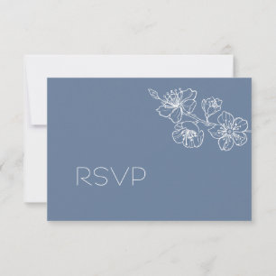 Dusty Blue White Floral Line Art RSVP Card
