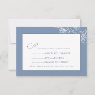 Dusty Blue White Floral Line Art RSVP Card