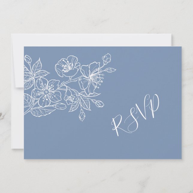  Dusty Blue White Floral Line Art RSVP Invitation (Back)