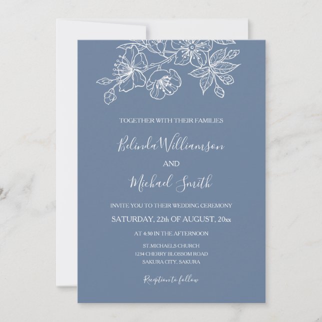Dusty Blue White Floral Line Art | Wedding Invitation (Front)