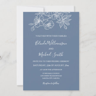 Dusty Blue White Floral Line Art | Wedding Invitation